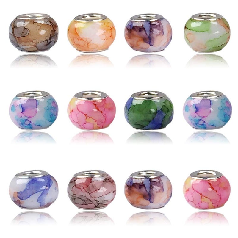 AIPRIDY 100Pcs 15x11mm Painting Murano Large Hole Glass Beads Mix Color with Silver Brass Cores European Charm fit Bracelet Necklace (Watercolor Effect OPEC White Glass) - Image 1